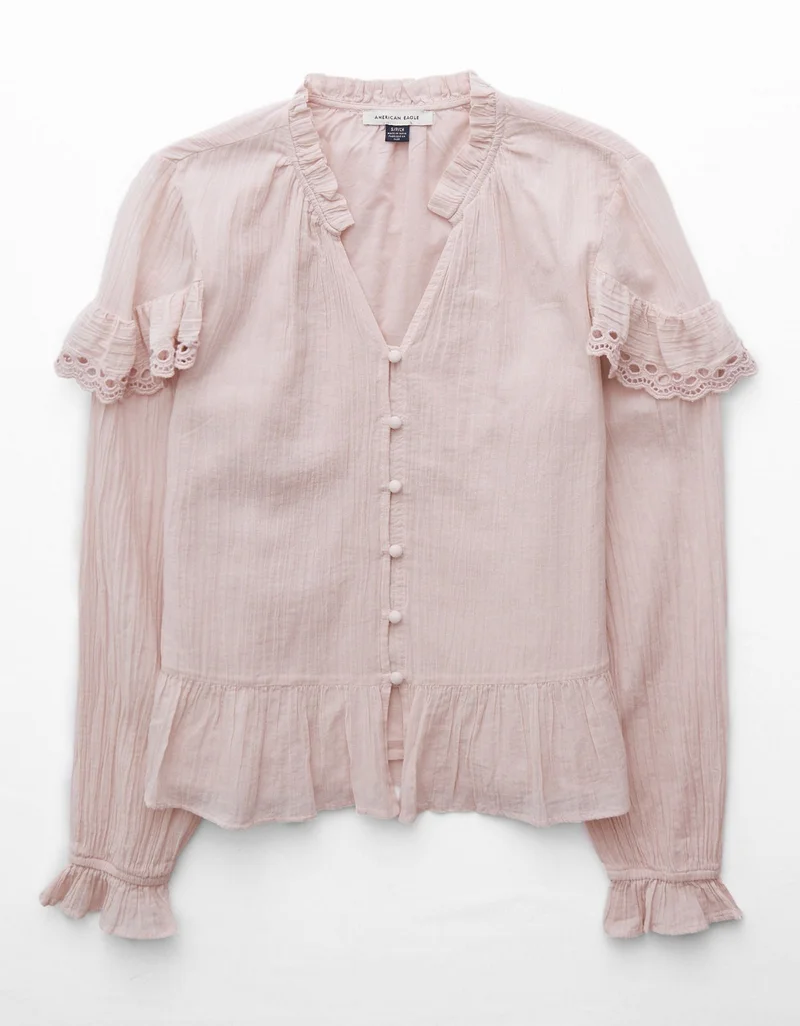 American Eagle  AE Long-Sleeve Ruffle Peasant Blouse for Women | Best Price UAE